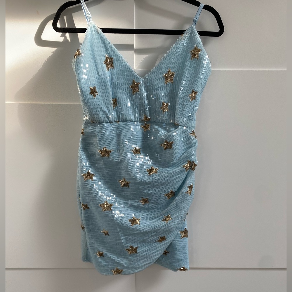 superdown Light Blue Mini Dress with Gold Accents - Picture 3 of 4